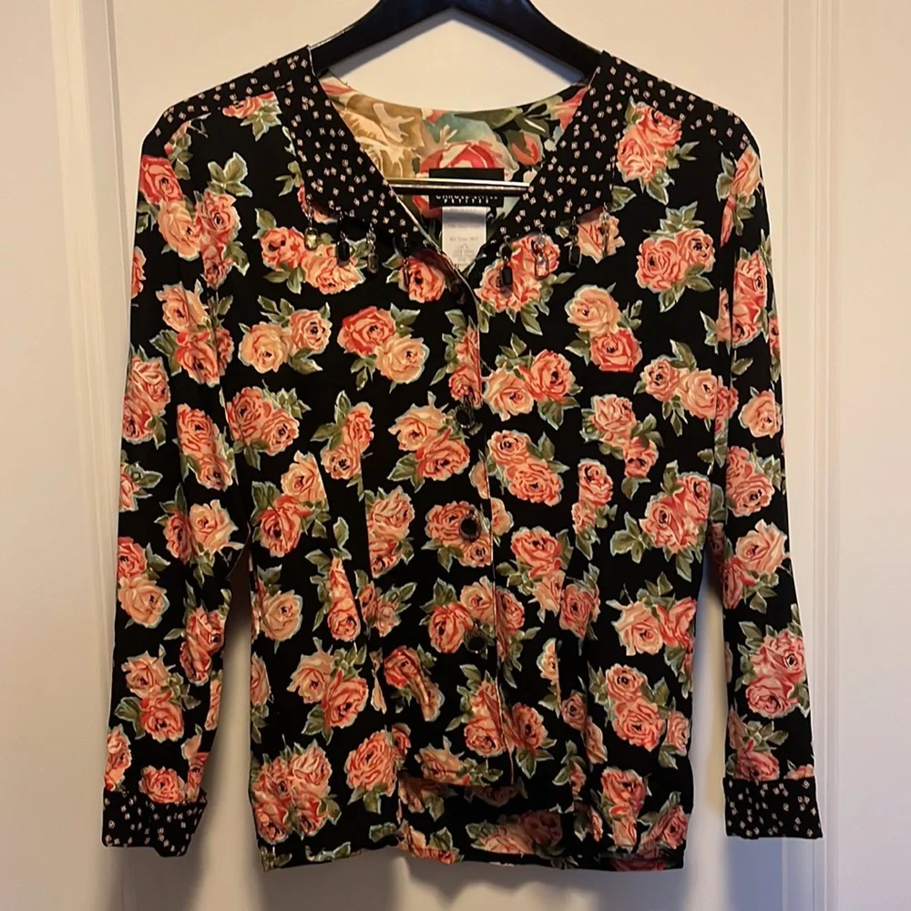 Carole Little Crop Blouse Black Floral Roses Embellished  Long Sleeves  … - Picture 1 of 12